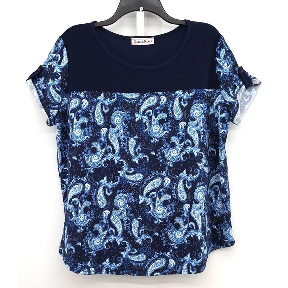 Carole Rose Shirt Womens Large Blue Paisley Short Sleeve Blouse - Picture 1 of 4